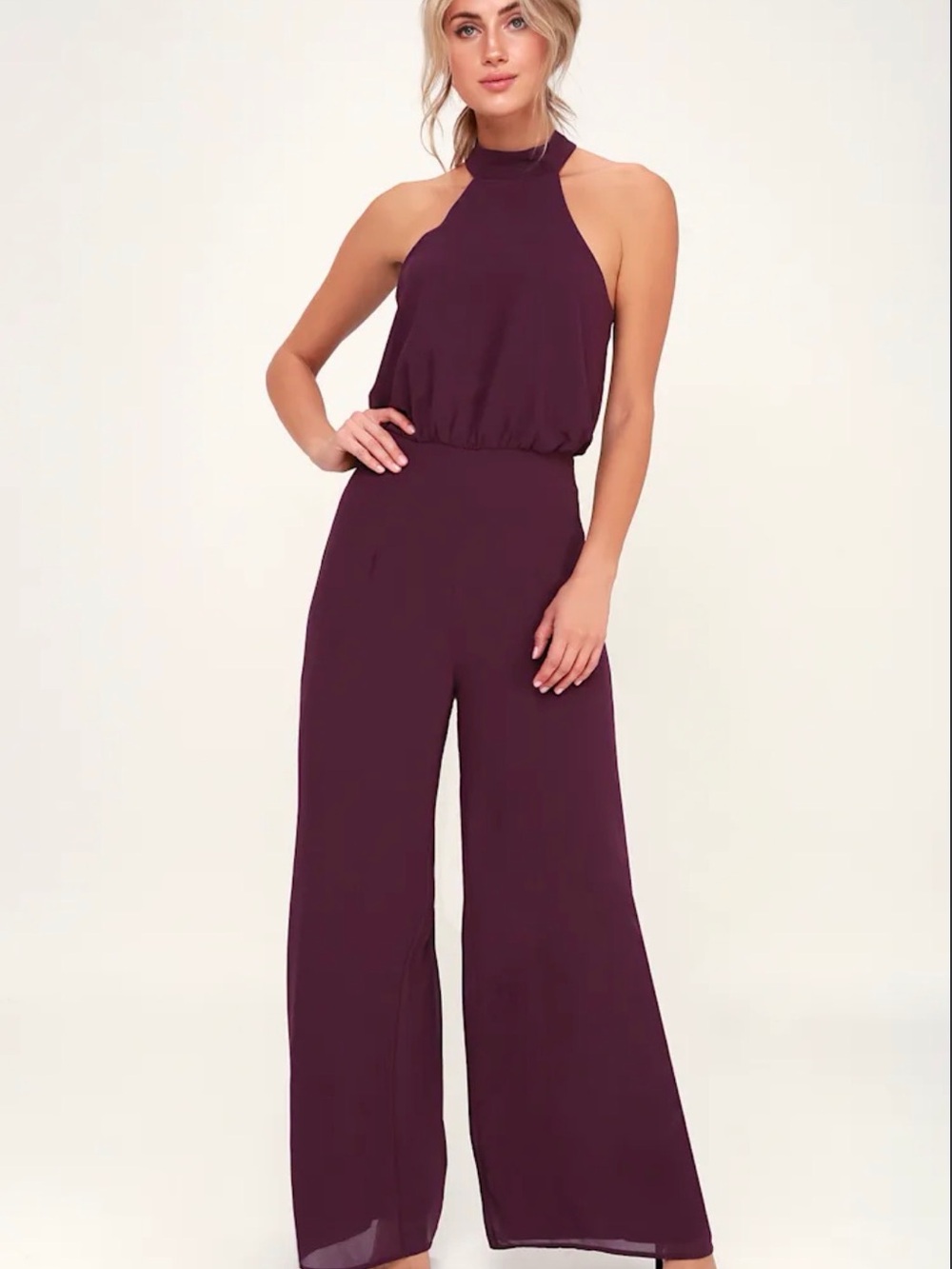 Lulu's Plum Halter Wide-Leg Jumpsuit